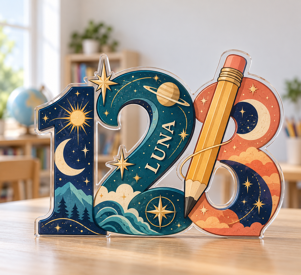 Artwork visualization: Number constellation — homeschool learning wall, personalized LUNA, subject-shaped acrylic with printed optical 3D depth; not carved relief.