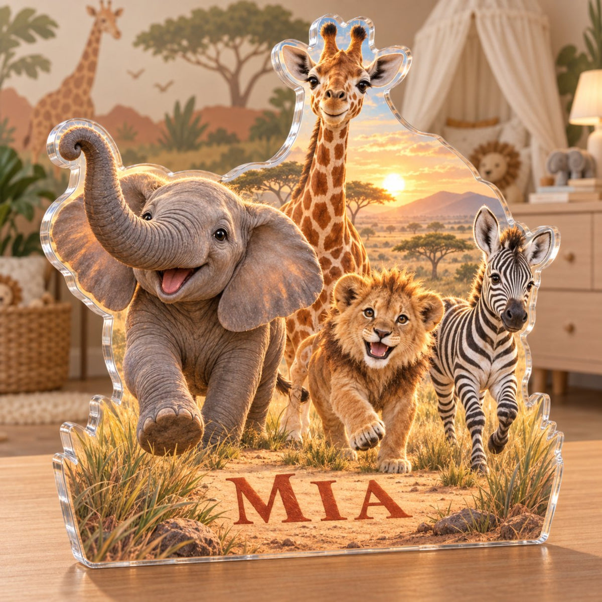 Personalized Safari Animal Parade Nursery Room Decoration custom shape acrylic plaque with an example name set into the artwork, digital preview