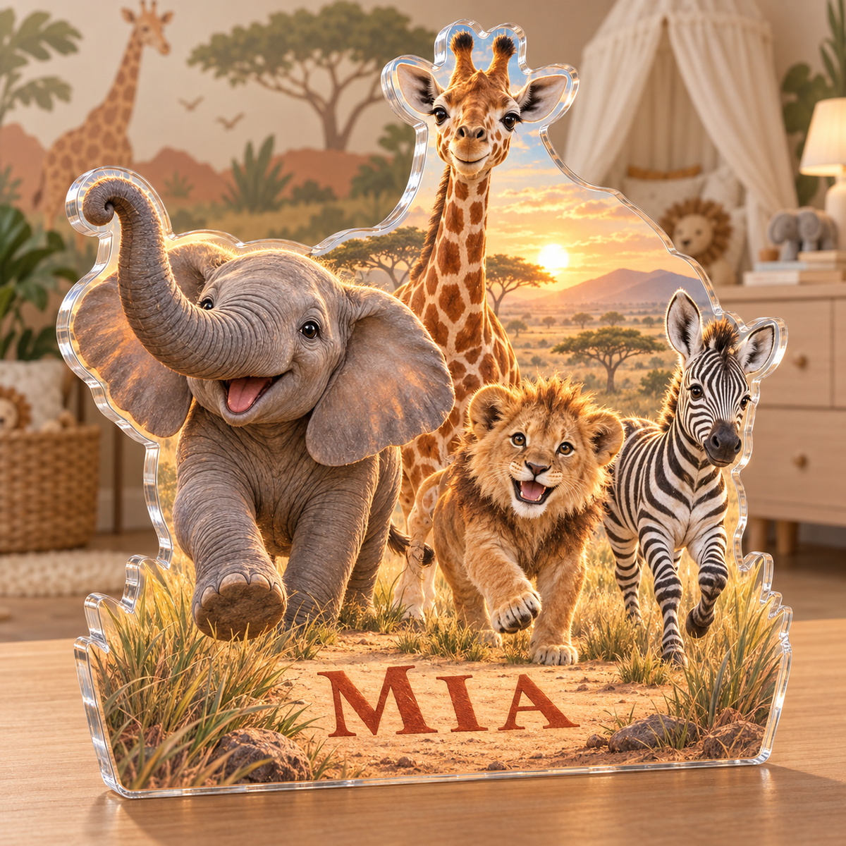 Artwork visualization: Safari animal parade — nursery room decoration, personalized MIA, subject-shaped acrylic with printed optical 3D depth; not carved relief.