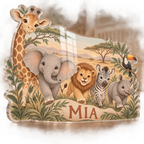 Artwork visualization: Safari animal parade — personalized name wall, personalized MIA, subject-shaped acrylic with printed optical 3D depth; not carved relief.