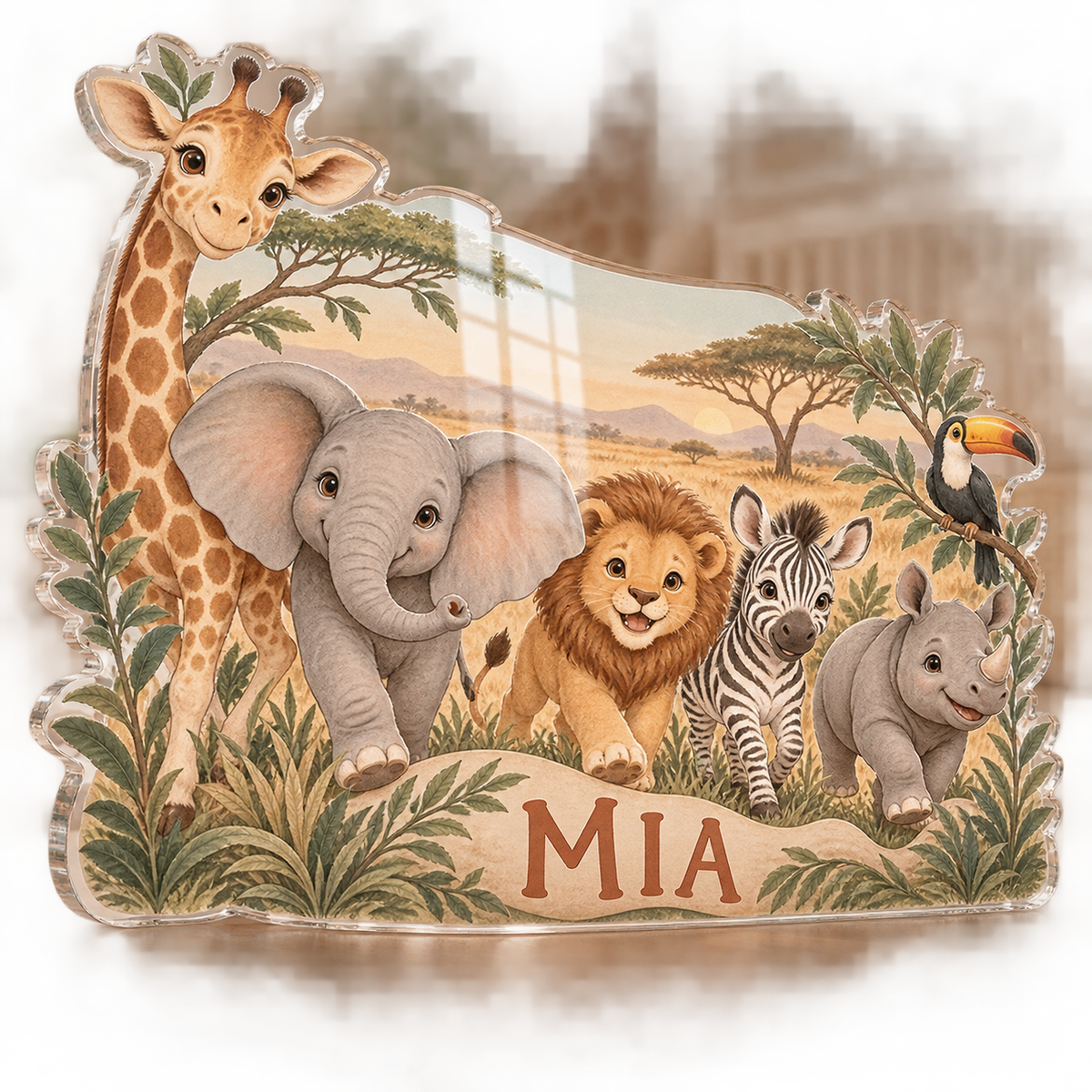 Artwork visualization: Safari animal parade — personalized name wall, personalized MIA, subject-shaped acrylic with printed optical 3D depth; not carved relief.