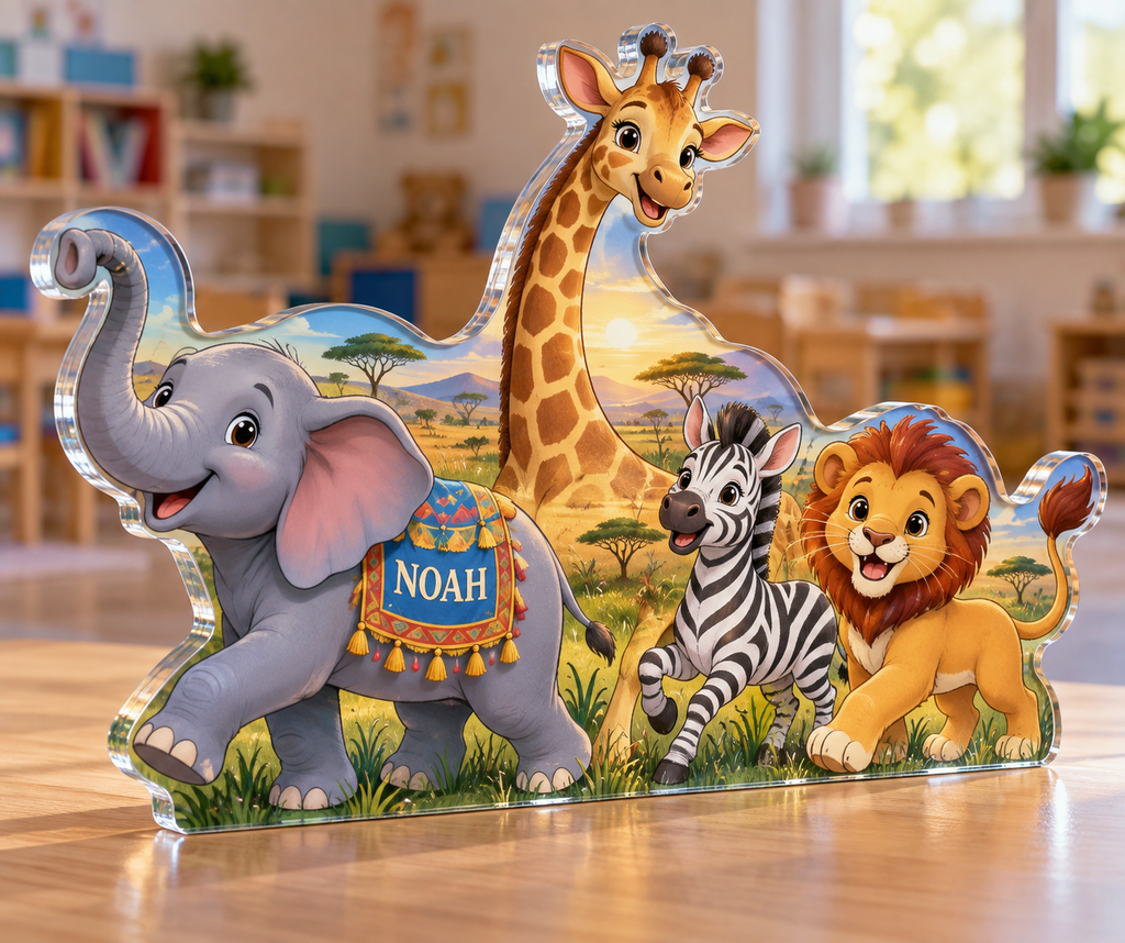 Artwork visualization: Safari animal parade — preschool classroom display, personalized NOAH, subject-shaped acrylic with printed optical 3D depth; not carved relief.