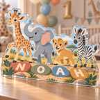 Artwork visualization: Safari animal parade — first birthday room keepsake, personalized NOAH, subject-shaped acrylic with printed optical 3D depth; not carved relief.