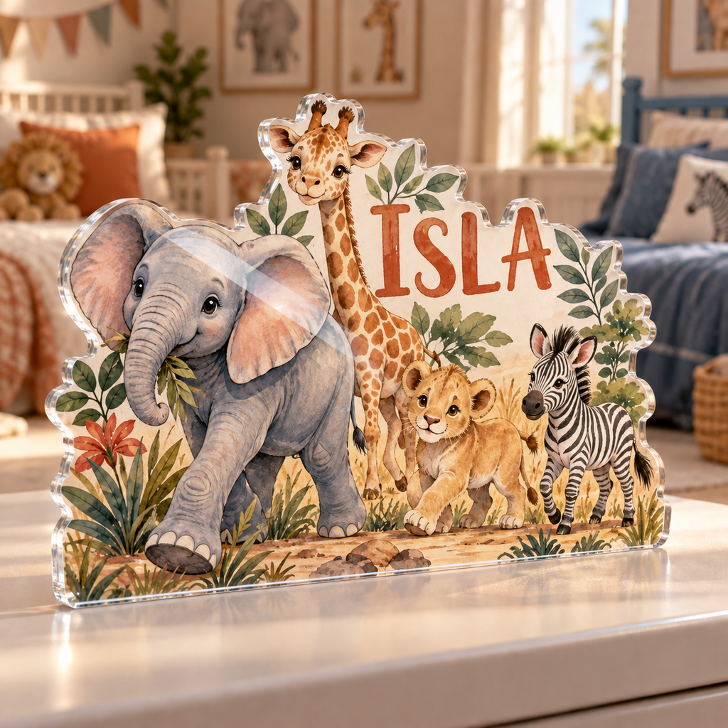 Artwork visualization: Safari animal parade — sibling shared room, personalized ISLA, subject-shaped acrylic with printed optical 3D depth; not carved relief.