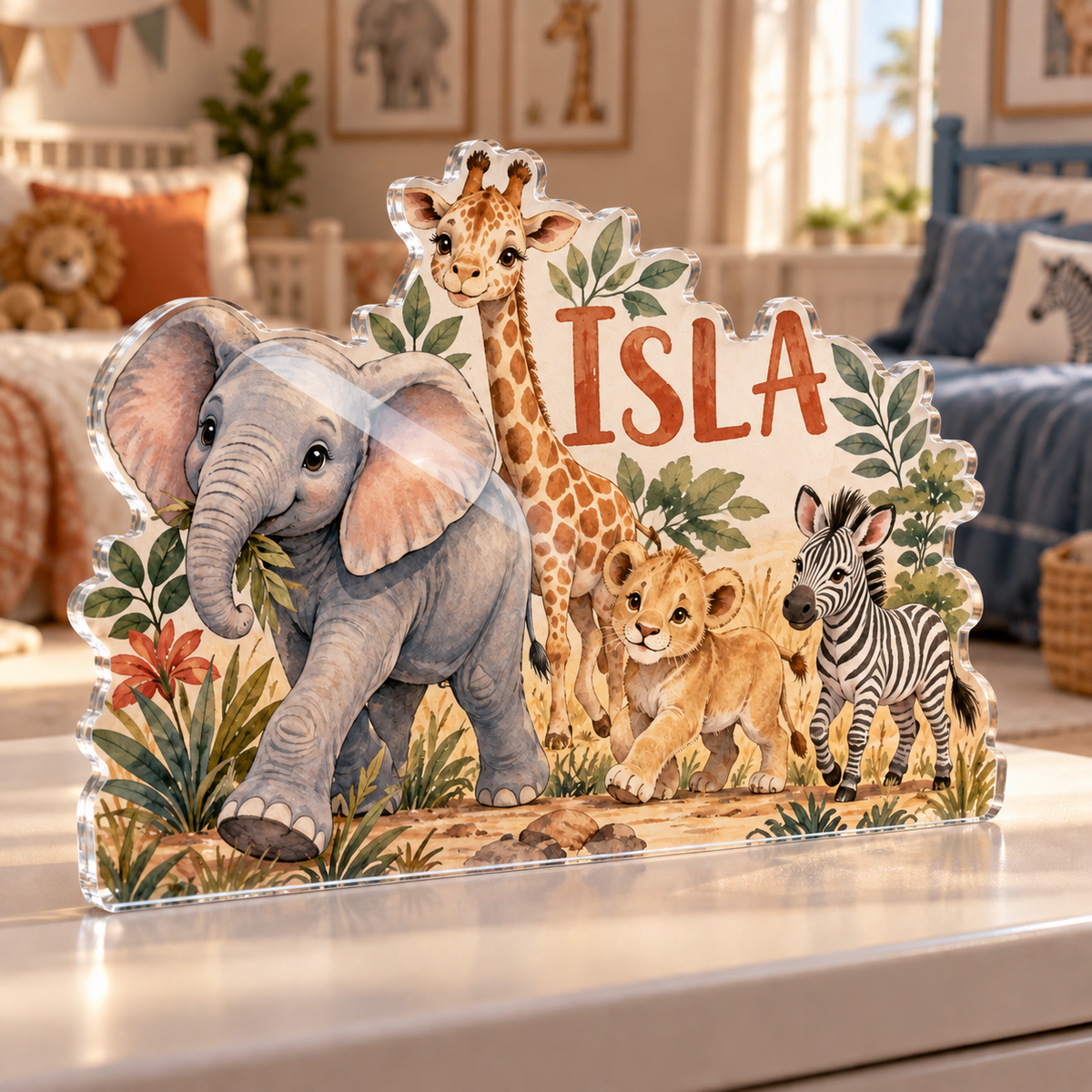 Artwork visualization: Safari animal parade — sibling shared room, personalized ISLA, subject-shaped acrylic with printed optical 3D depth; not carved relief.