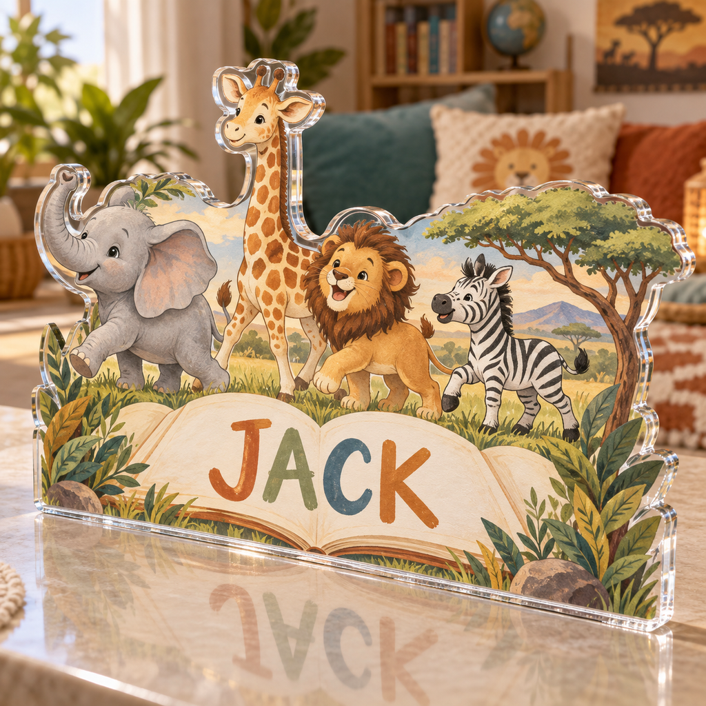 Artwork visualization: Safari animal parade — grandparent storytime corner, personalized JACK, subject-shaped acrylic with printed optical 3D depth; not carved relief.