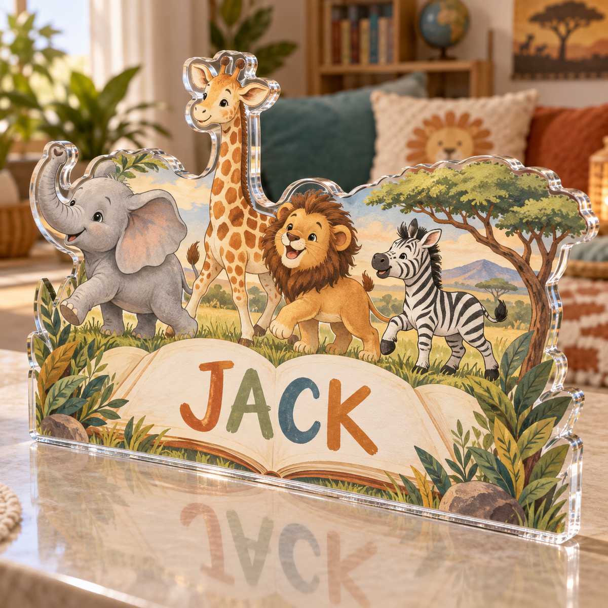 Artwork visualization: Safari animal parade — grandparent storytime corner, personalized JACK, subject-shaped acrylic with printed optical 3D depth; not carved relief.