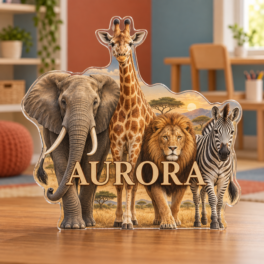 Artwork visualization: Safari animal parade — homeschool learning wall, personalized AURORA, subject-shaped acrylic with printed optical 3D depth; not carved relief.