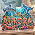 Artwork visualization: Ocean animal alphabet — nursery room decoration, personalized AURORA, subject-shaped acrylic with printed optical 3D depth; not carved relief.