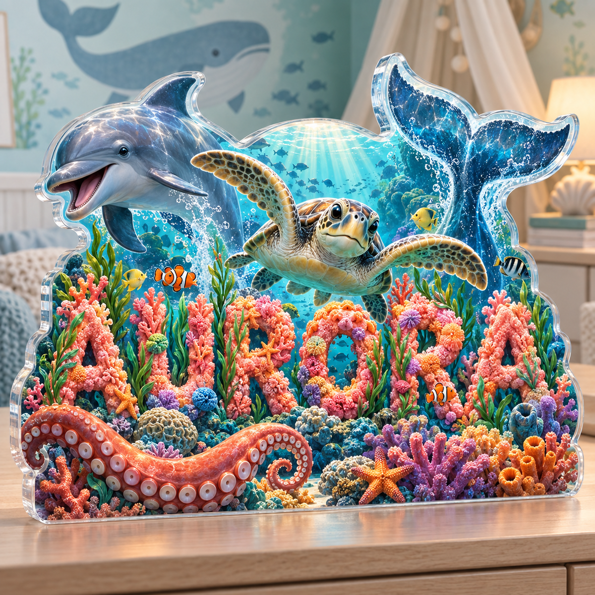 Artwork visualization: Ocean animal alphabet — nursery room decoration, personalized AURORA, subject-shaped acrylic with printed optical 3D depth; not carved relief.