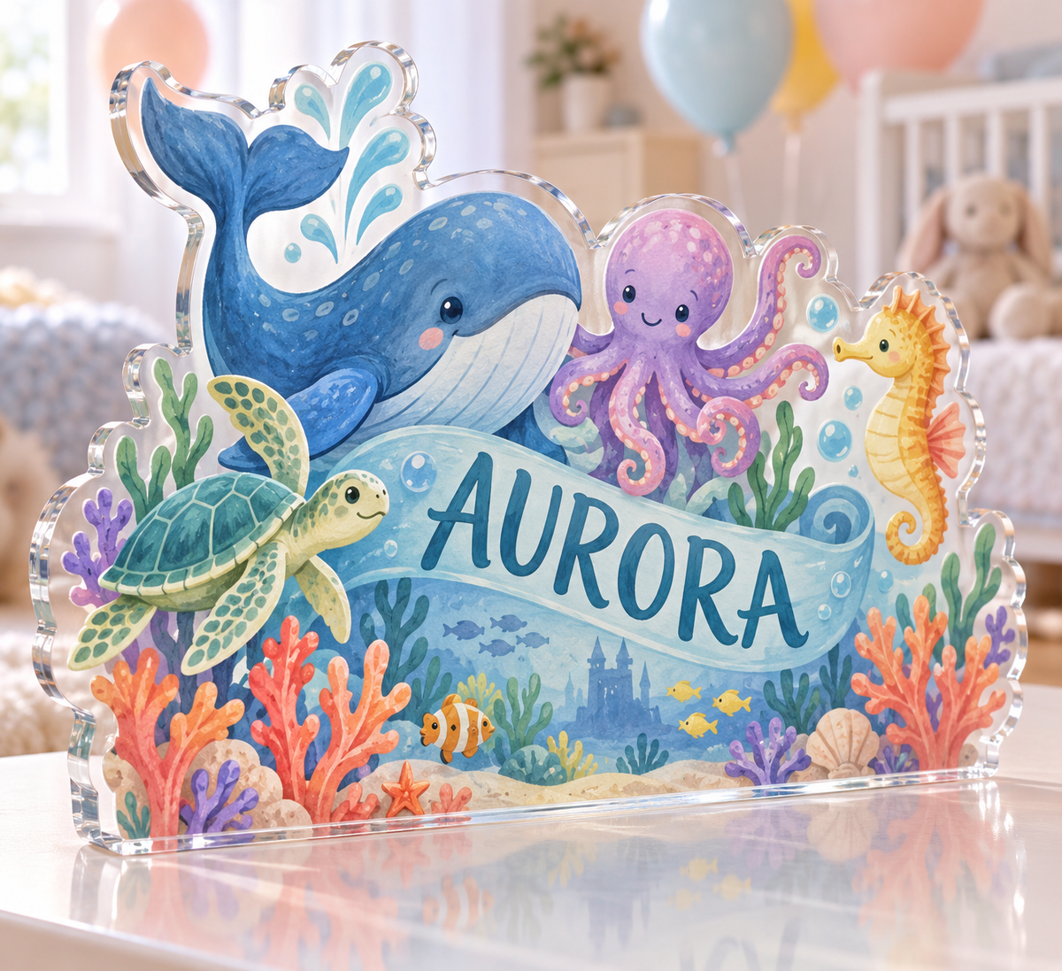 Artwork visualization: Ocean animal alphabet — first birthday room keepsake, personalized AURORA, subject-shaped acrylic with printed optical 3D depth; not carved relief.
