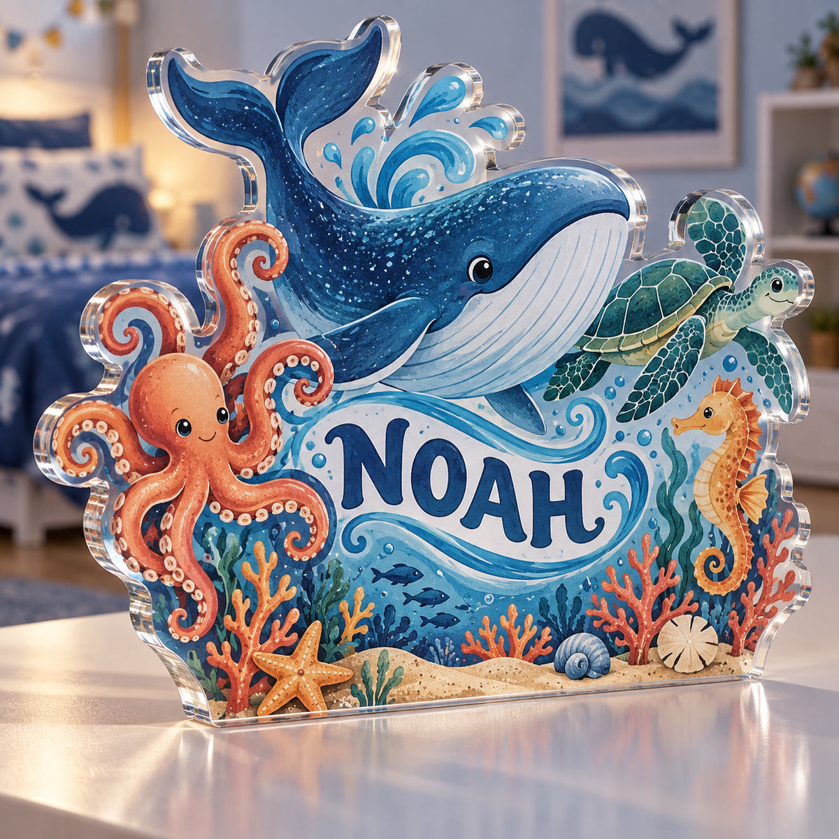 Artwork visualization: Ocean animal alphabet — sibling shared room, personalized NOAH, subject-shaped acrylic with printed optical 3D depth; not carved relief.