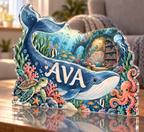 Artwork visualization: Ocean animal alphabet — grandparent storytime corner, personalized AVA, subject-shaped acrylic with printed optical 3D depth; not carved relief.