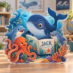 Artwork visualization: Ocean animal alphabet — homeschool learning wall, personalized JACK, subject-shaped acrylic with printed optical 3D depth; not carved relief.