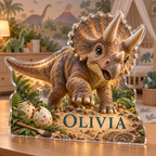 Artwork visualization: Dinosaur discovery — nursery room decoration, personalized OLIVIA, subject-shaped acrylic with printed optical 3D depth; not carved relief.