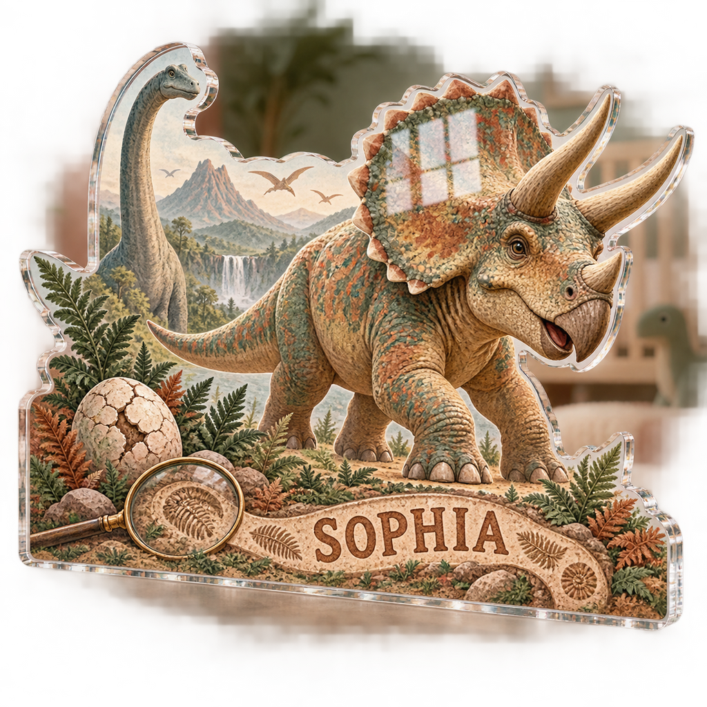 Artwork visualization: Dinosaur discovery — personalized name wall, personalized SOPHIA, subject-shaped acrylic with printed optical 3D depth; not carved relief.