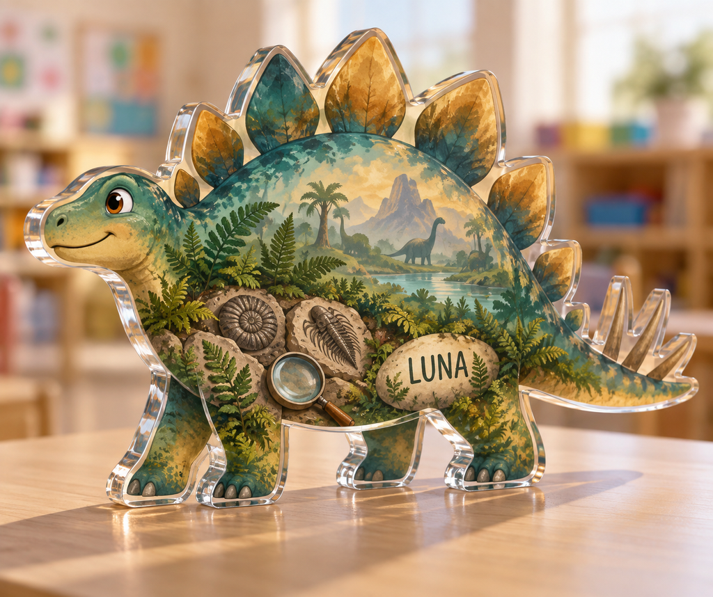 Artwork visualization: Dinosaur discovery — preschool classroom display, personalized LUNA, subject-shaped acrylic with printed optical 3D depth; not carved relief.