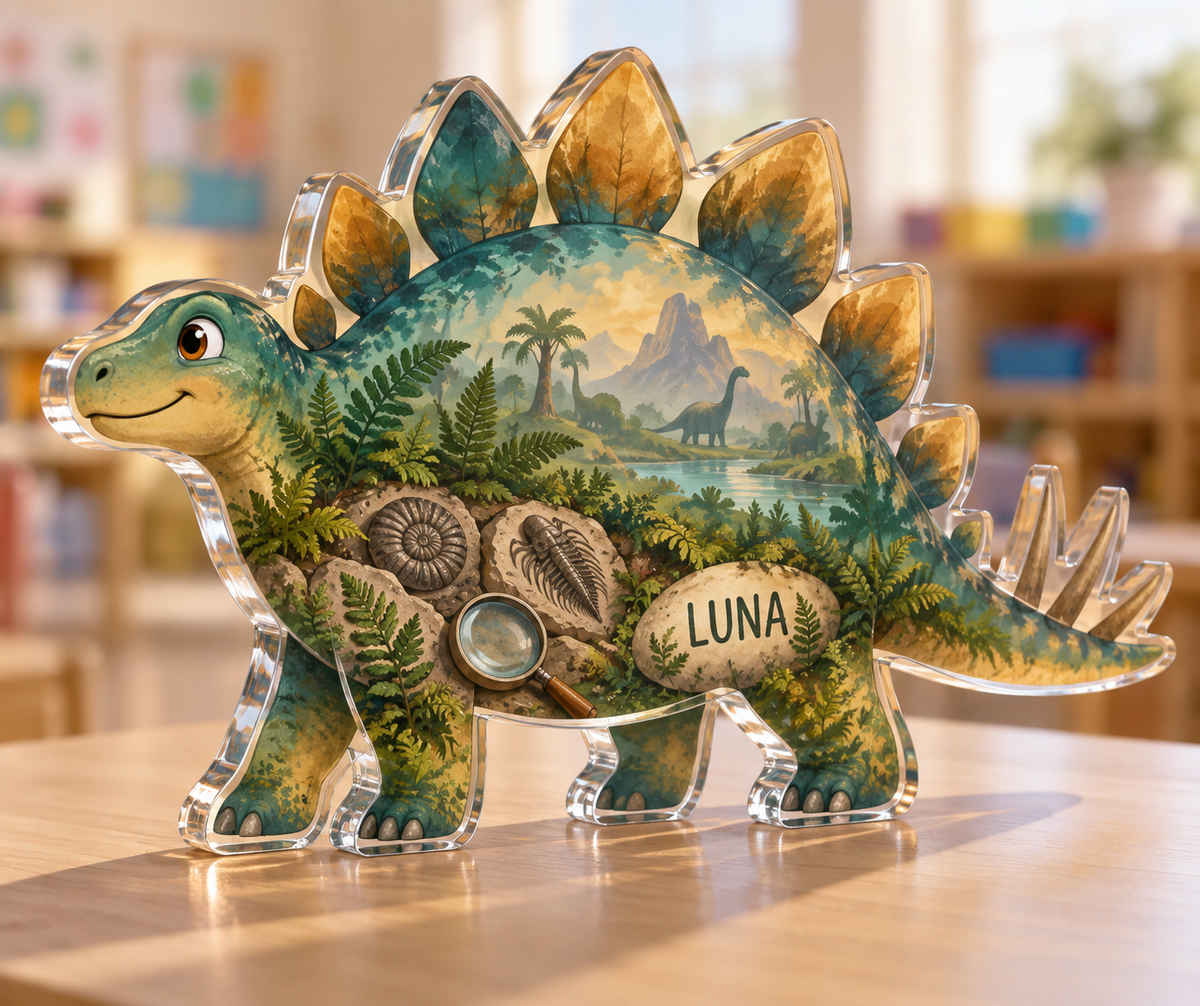 Artwork visualization: Dinosaur discovery — preschool classroom display, personalized LUNA, subject-shaped acrylic with printed optical 3D depth; not carved relief.