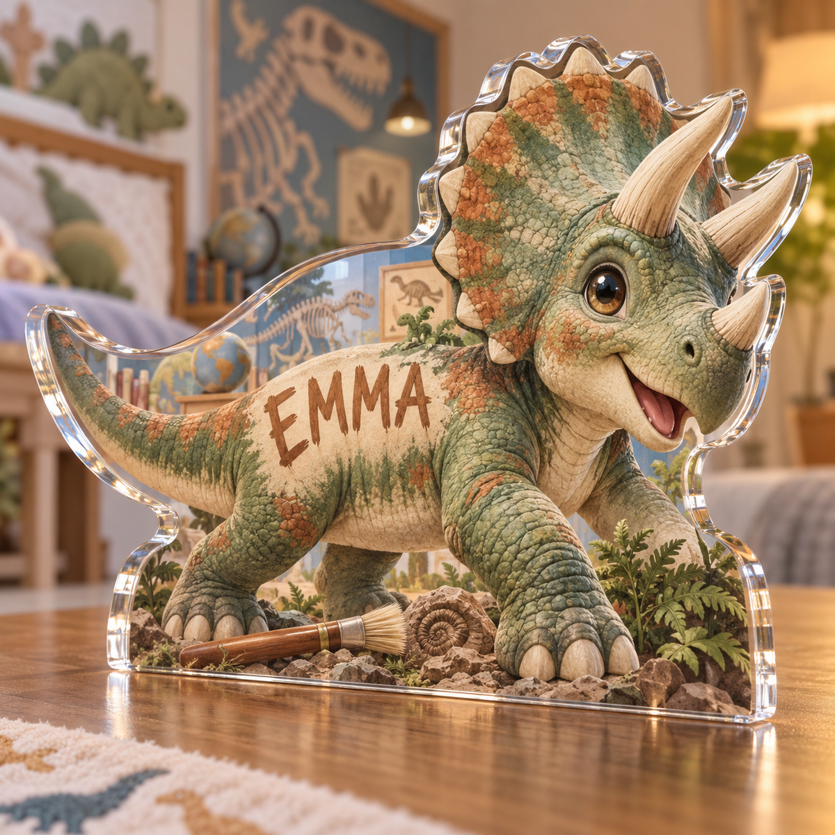 Artwork visualization: Dinosaur discovery — first birthday room keepsake, personalized EMMA, subject-shaped acrylic with printed optical 3D depth; not carved relief.