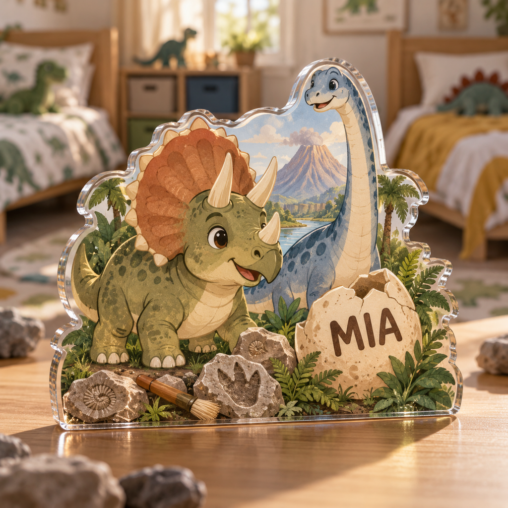 Artwork visualization: Dinosaur discovery — sibling shared room, personalized MIA, subject-shaped acrylic with printed optical 3D depth; not carved relief.