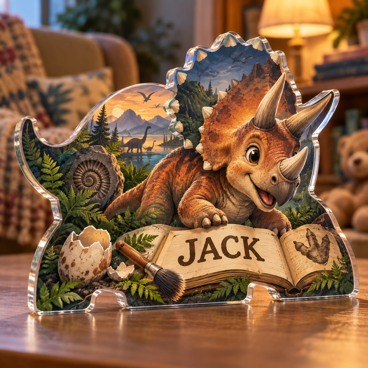 Artwork visualization: Dinosaur discovery — grandparent storytime corner, personalized JACK, subject-shaped acrylic with printed optical 3D depth; not carved relief.