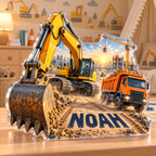 Artwork visualization: Construction vehicle town — nursery room decoration, personalized NOAH, subject-shaped acrylic with printed optical 3D depth; not carved relief.
