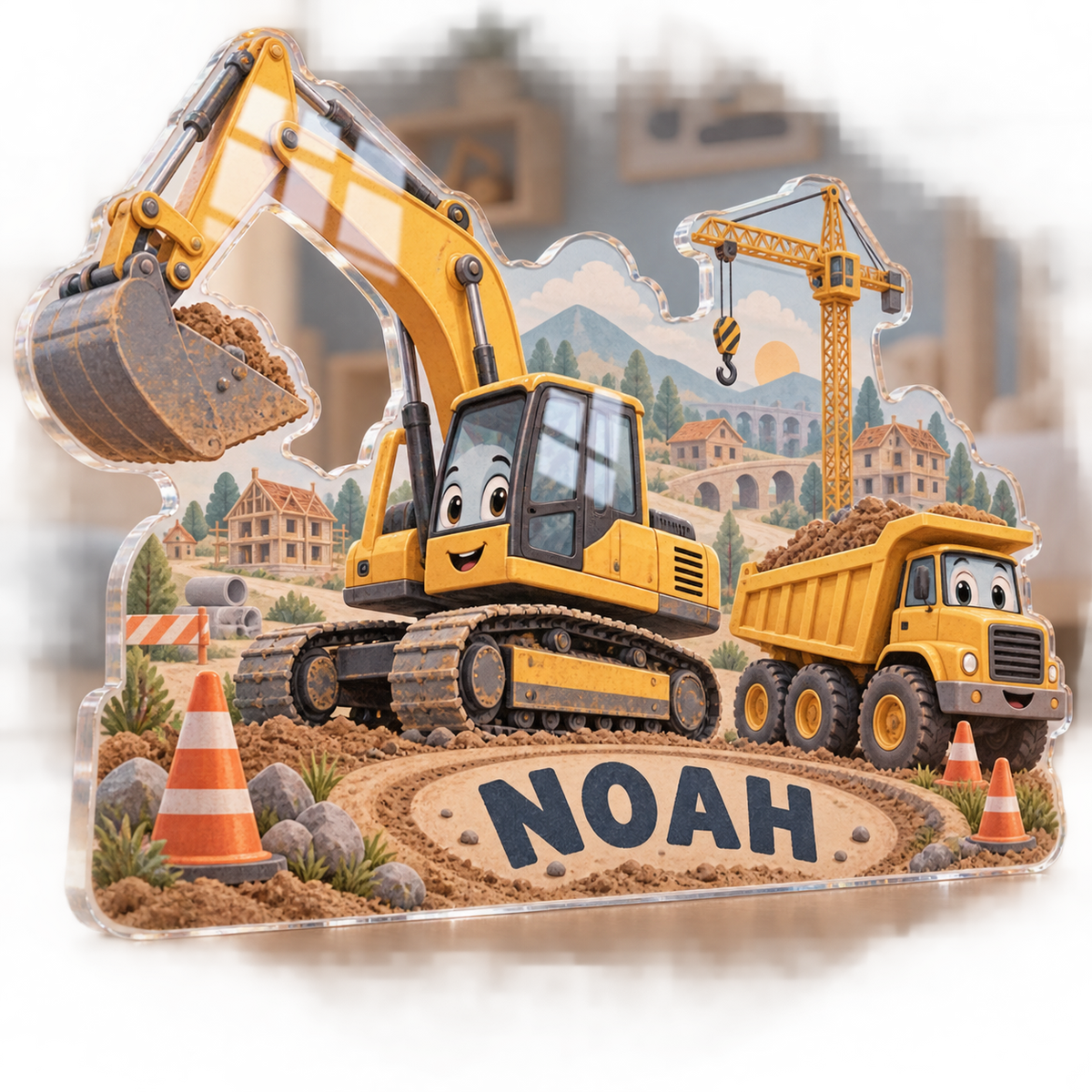 Artwork visualization: Construction vehicle town — personalized name wall, personalized NOAH, subject-shaped acrylic with printed optical 3D depth; not carved relief.