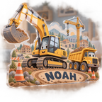 Artwork visualization: Construction vehicle town — personalized name wall, personalized NOAH, subject-shaped acrylic with printed optical 3D depth; not carved relief.