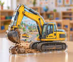 Artwork visualization: Construction vehicle town — preschool classroom display, personalized SOPHIA, subject-shaped acrylic with printed optical 3D depth; not carved relief.