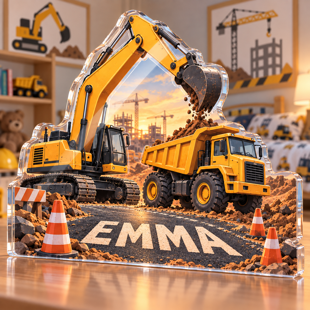 Artwork visualization: Construction vehicle town — first birthday room keepsake, personalized EMMA, subject-shaped acrylic with printed optical 3D depth; not carved relief.