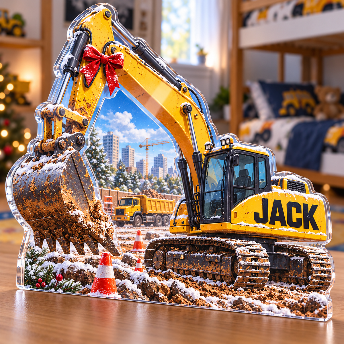 Artwork visualization: Construction vehicle town — sibling shared room, personalized JACK, subject-shaped acrylic with printed optical 3D depth; not carved relief.