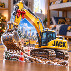 Artwork visualization: Construction vehicle town — sibling shared room, personalized JACK, subject-shaped acrylic with printed optical 3D depth; not carved relief.