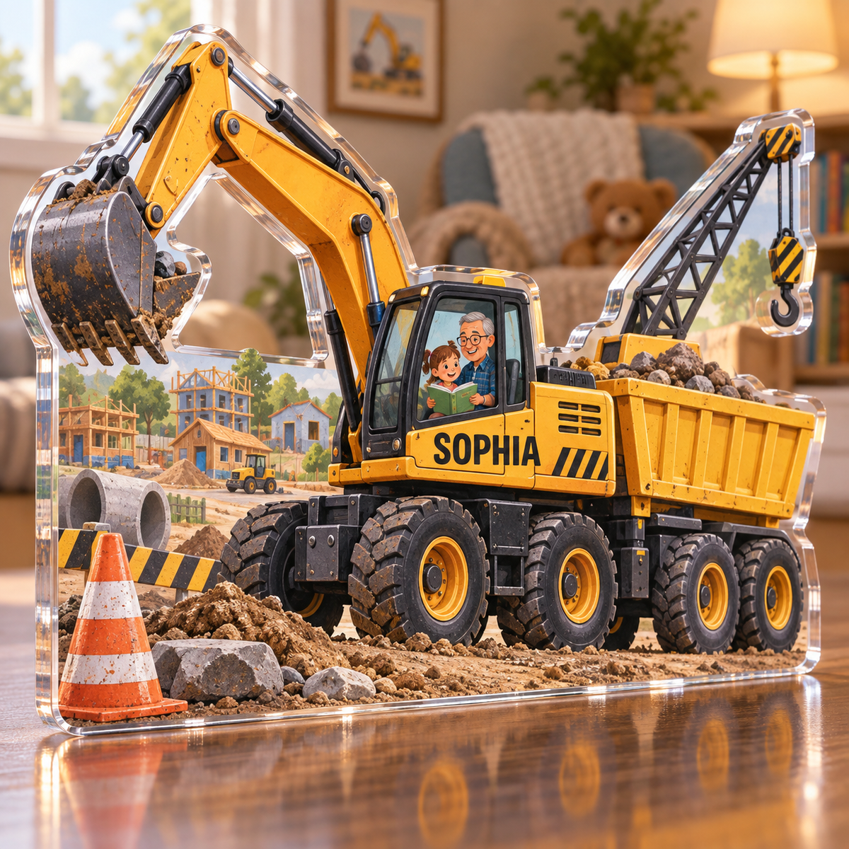 Artwork visualization: Construction vehicle town — grandparent storytime corner, personalized SOPHIA, subject-shaped acrylic with printed optical 3D depth; not carved relief.