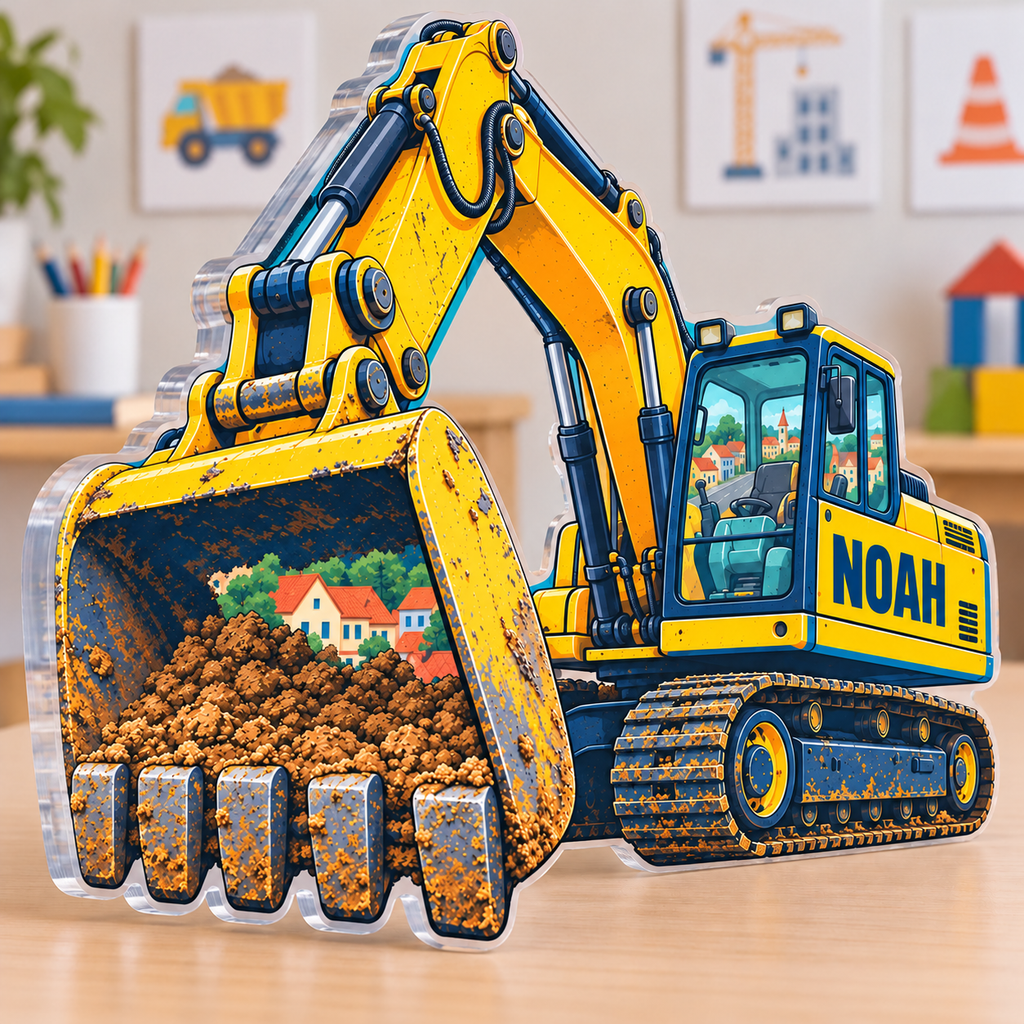 Personalized Construction Vehicle Town — Homeschool Learning Wall acrylic plaque with an example name set into the artwork, digital preview