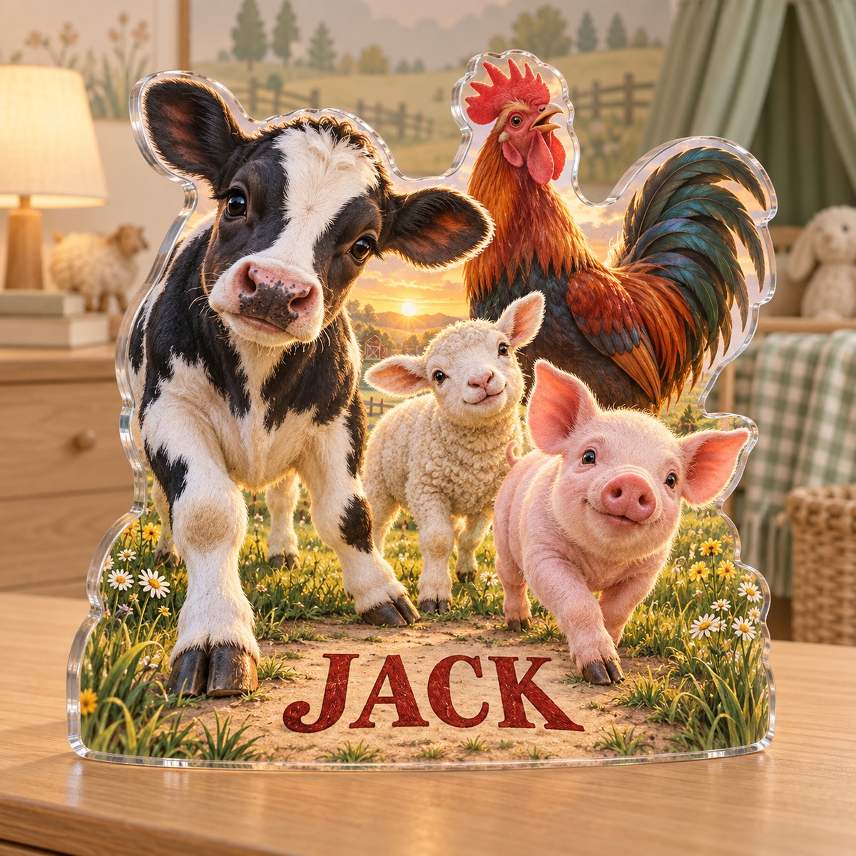 Artwork visualization: Farm animal morning — nursery room decoration, personalized JACK, subject-shaped acrylic with printed optical 3D depth; not carved relief.