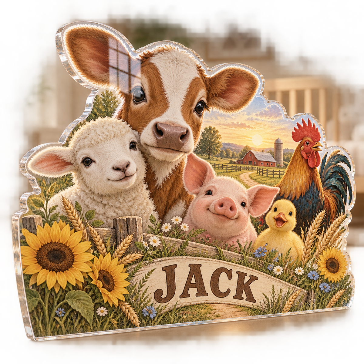 Artwork visualization: Farm animal morning — personalized name wall, personalized JACK, subject-shaped acrylic with printed optical 3D depth; not carved relief.