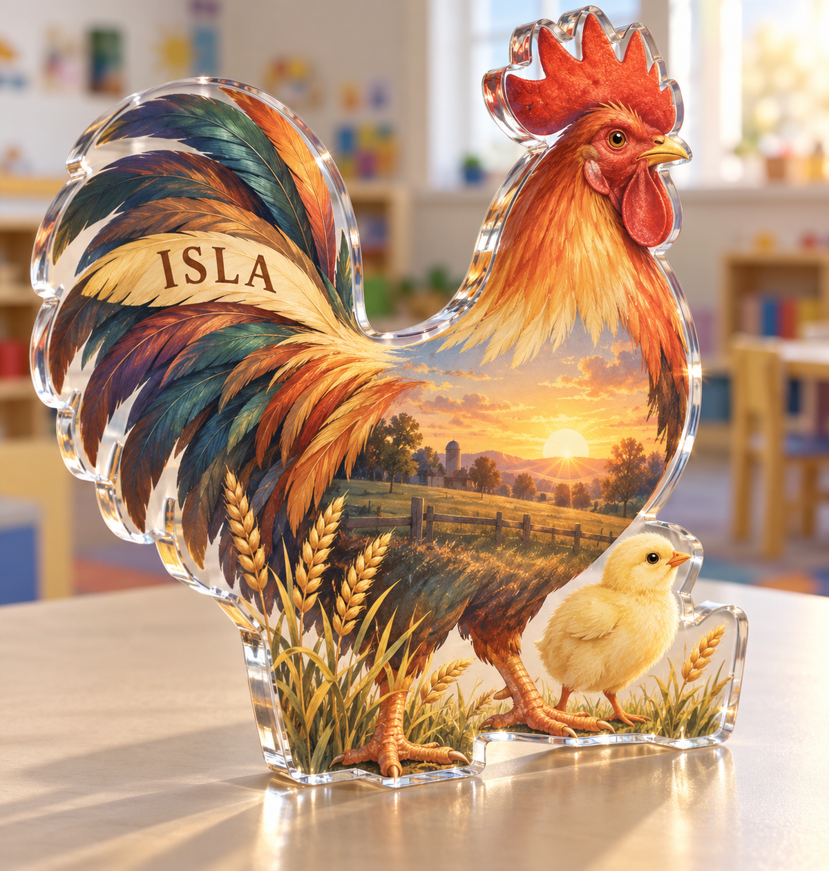 Artwork visualization: Farm animal morning — preschool classroom display, personalized ISLA, subject-shaped acrylic with printed optical 3D depth; not carved relief.