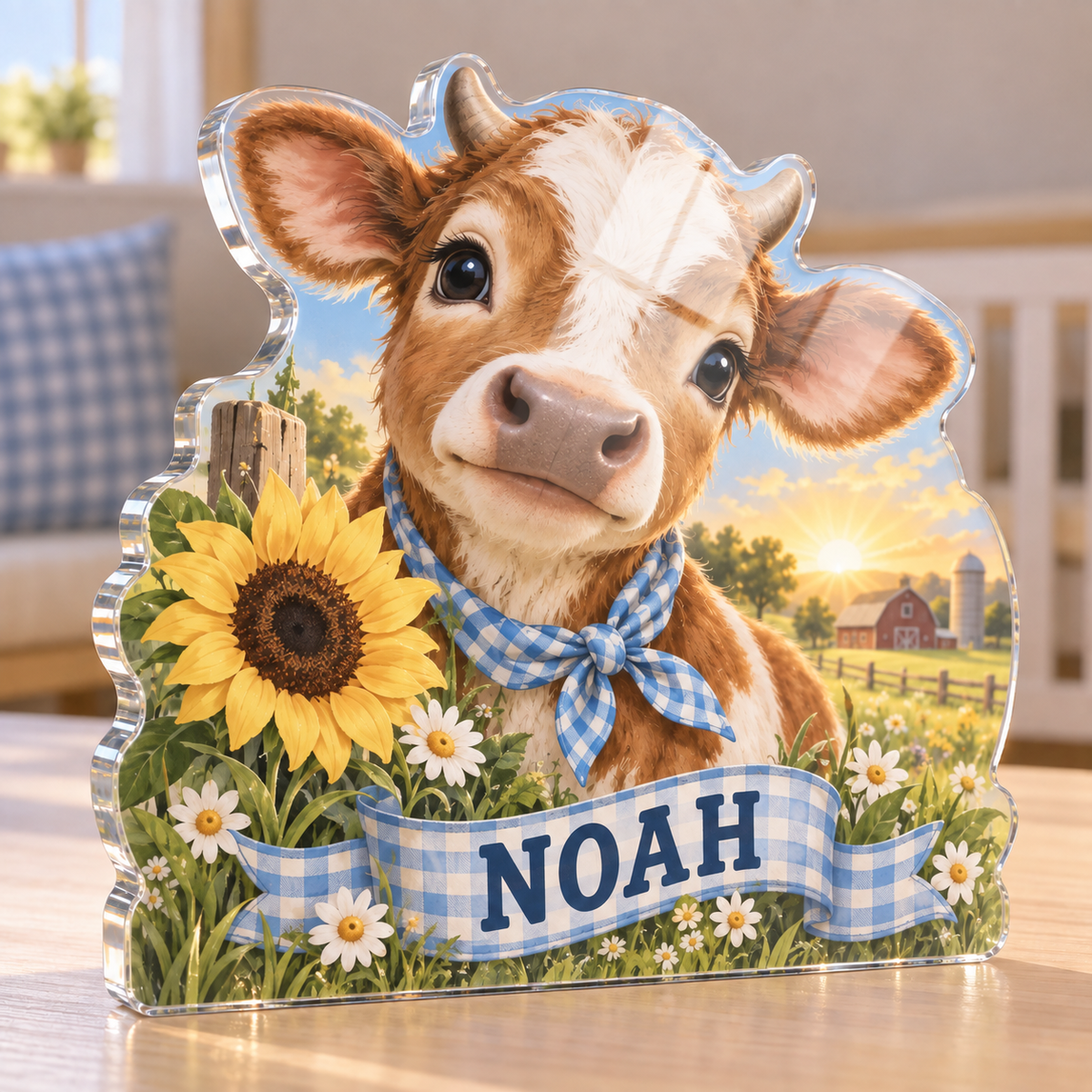 Artwork visualization: Farm animal morning — first birthday room keepsake, personalized NOAH, subject-shaped acrylic with printed optical 3D depth; not carved relief.
