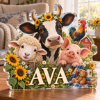 Artwork visualization: Farm animal morning — grandparent storytime corner, personalized AVA, subject-shaped acrylic with printed optical 3D depth; not carved relief.