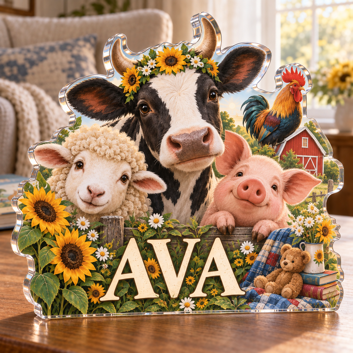 Artwork visualization: Farm animal morning — grandparent storytime corner, personalized AVA, subject-shaped acrylic with printed optical 3D depth; not carved relief.