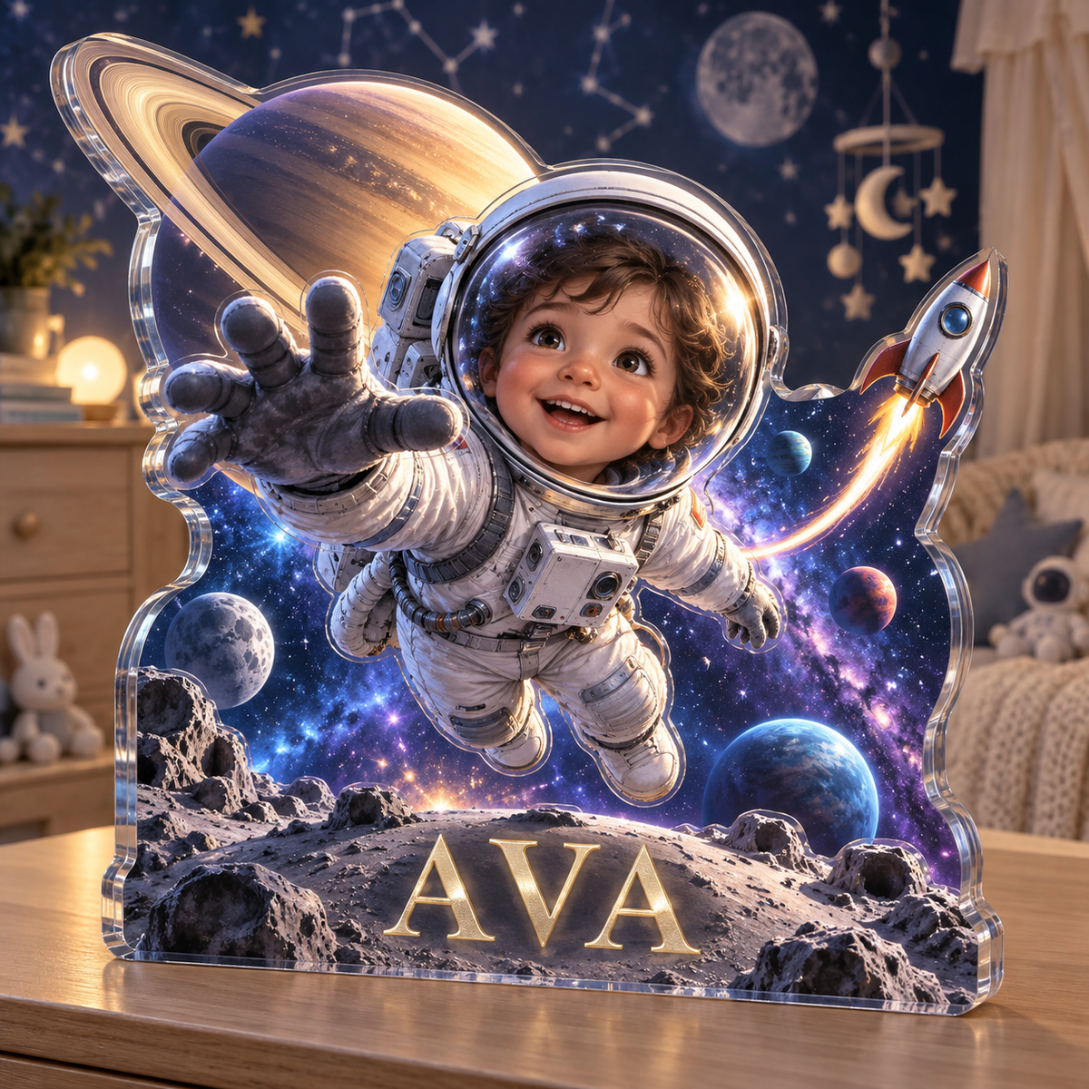 Artwork visualization: Space explorer planets — nursery room decoration, personalized AVA, subject-shaped acrylic with printed optical 3D depth; not carved relief.