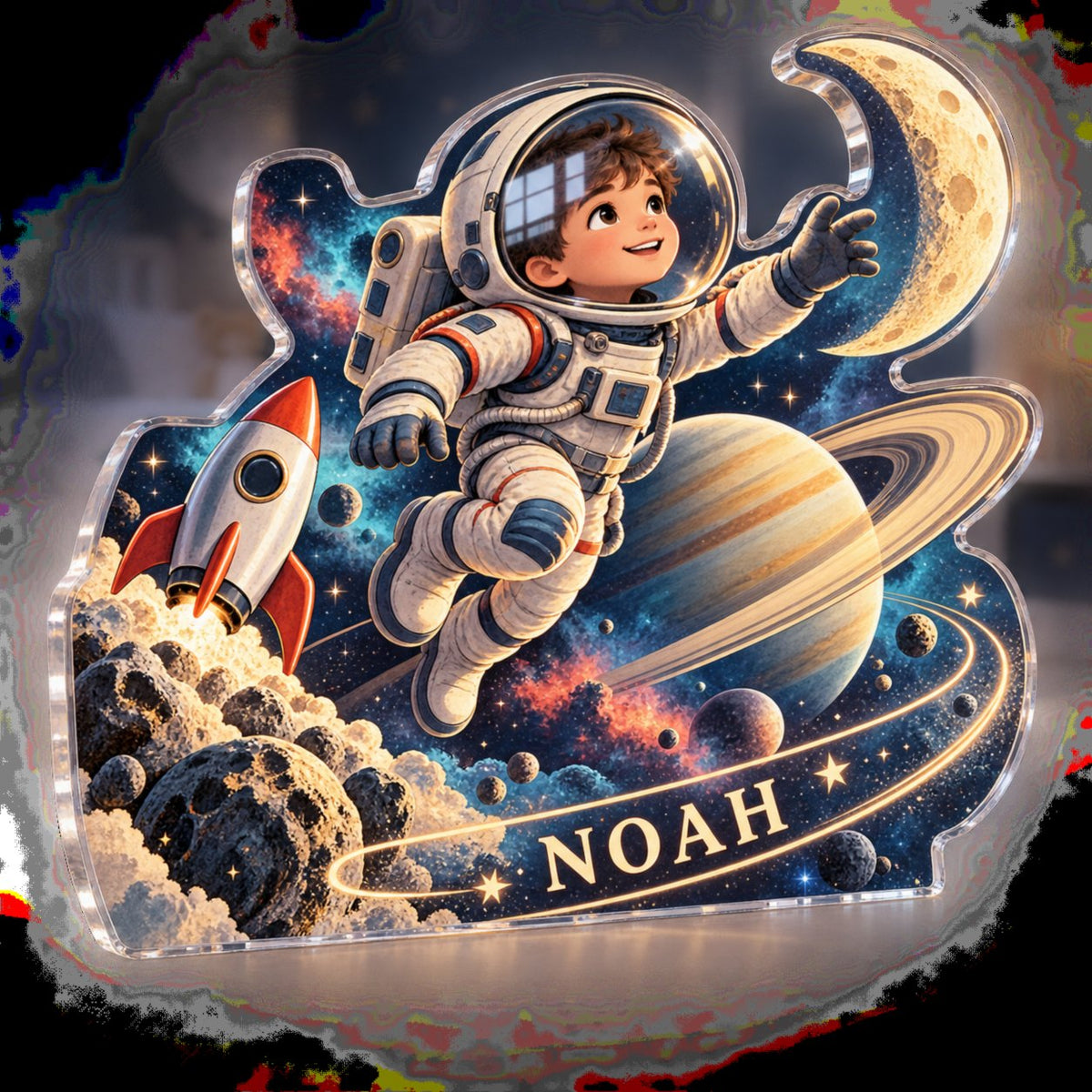 Personalized Space Explorer Planets Name Wall custom shape acrylic plaque with an example name set into the artwork, digital preview