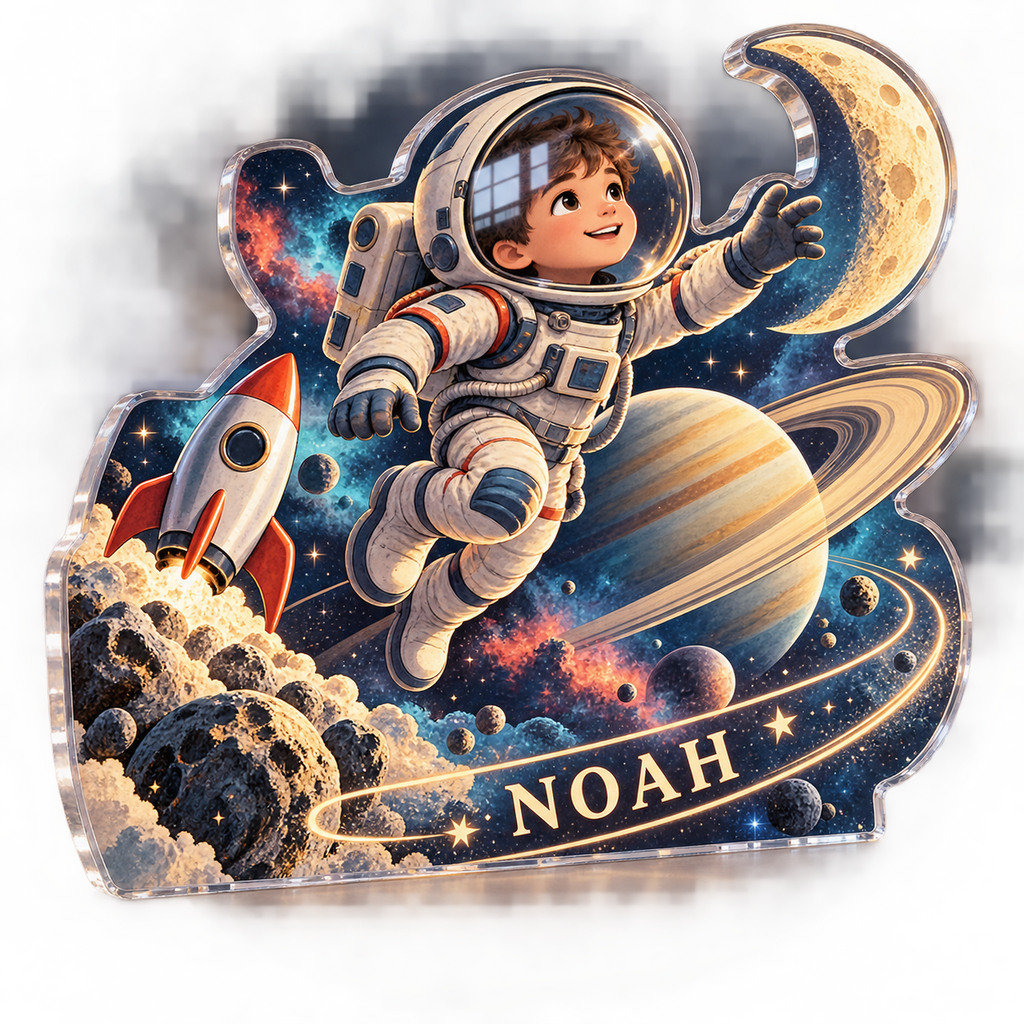 Artwork visualization: Space explorer planets — personalized name wall, personalized NOAH, subject-shaped acrylic with printed optical 3D depth; not carved relief.
