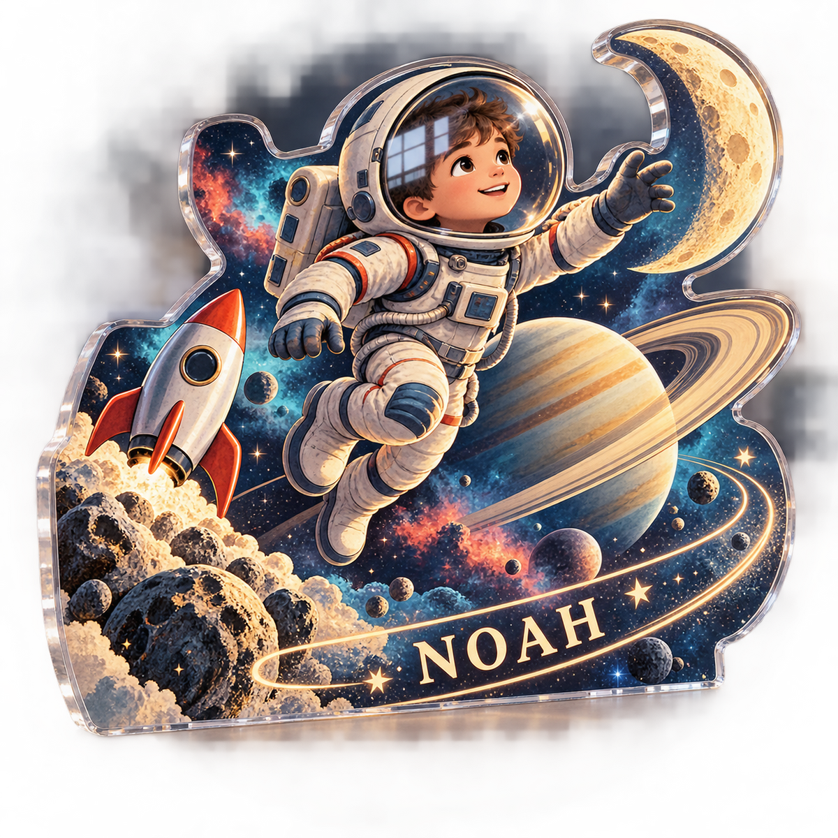 Artwork visualization: Space explorer planets — personalized name wall, personalized NOAH, subject-shaped acrylic with printed optical 3D depth; not carved relief.