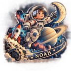 Artwork visualization: Space explorer planets — personalized name wall, personalized NOAH, subject-shaped acrylic with printed optical 3D depth; not carved relief.