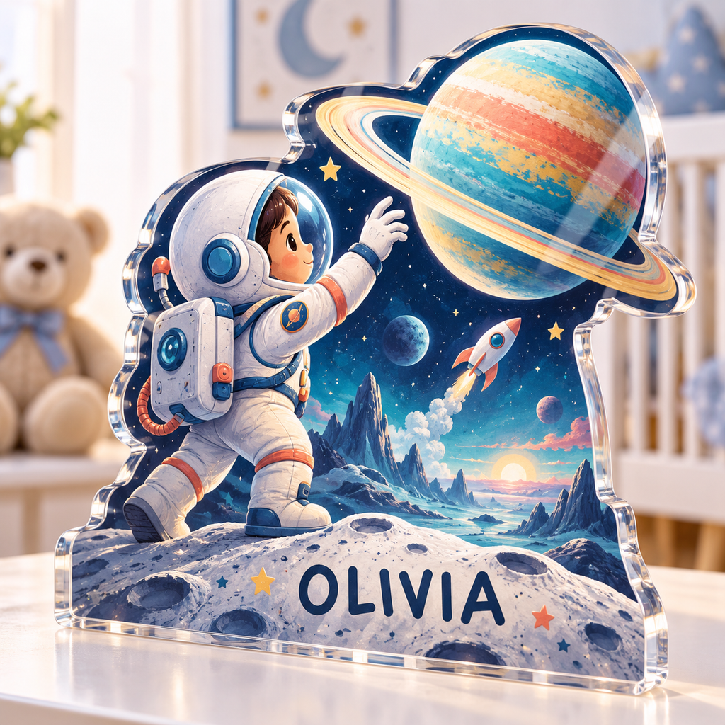 Artwork visualization: Space explorer planets — first birthday room keepsake, personalized OLIVIA, subject-shaped acrylic with printed optical 3D depth; not carved relief.