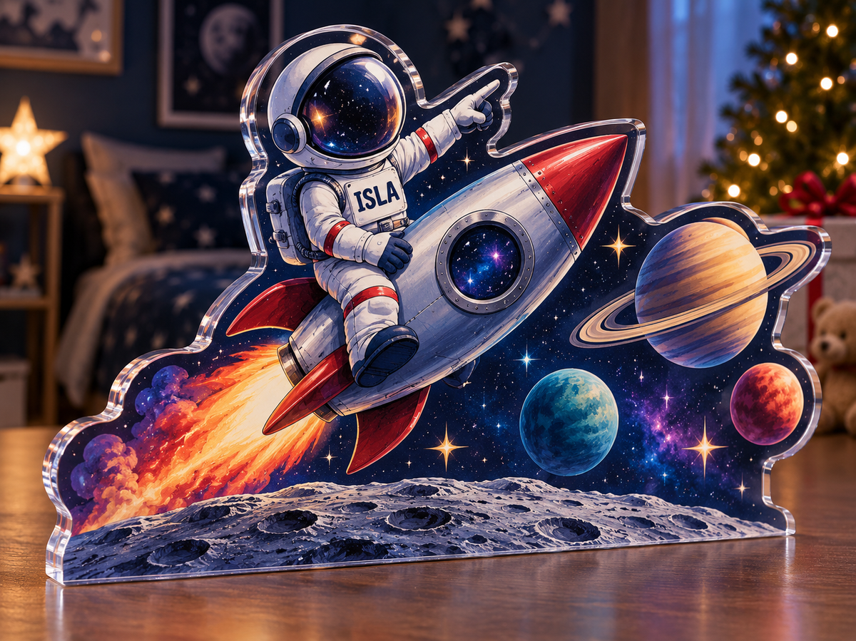 Artwork visualization: Space explorer planets — sibling shared room, personalized ISLA, subject-shaped acrylic with printed optical 3D depth; not carved relief.