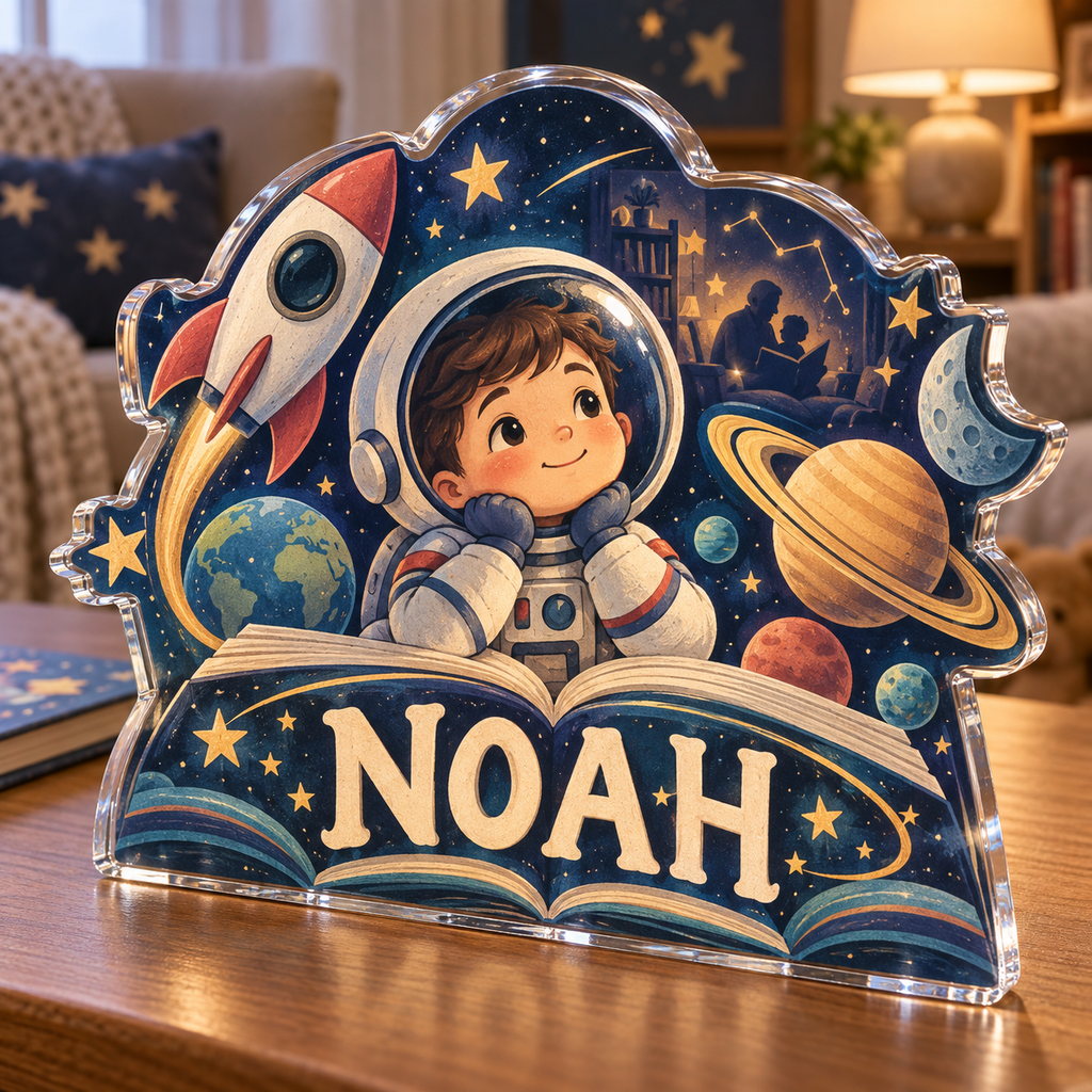 Artwork visualization: Space explorer planets — grandparent storytime corner, personalized NOAH, subject-shaped acrylic with printed optical 3D depth; not carved relief.