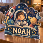 Artwork visualization: Space explorer planets — grandparent storytime corner, personalized NOAH, subject-shaped acrylic with printed optical 3D depth; not carved relief.