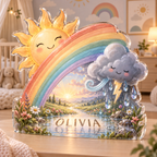 Artwork visualization: Rainbow weather — nursery room decoration, personalized OLIVIA, subject-shaped acrylic with printed optical 3D depth; not carved relief.